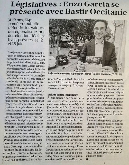 Article de la Dépêche de notre candidat Enzo Garcia 2ème Circo de l’Ariège