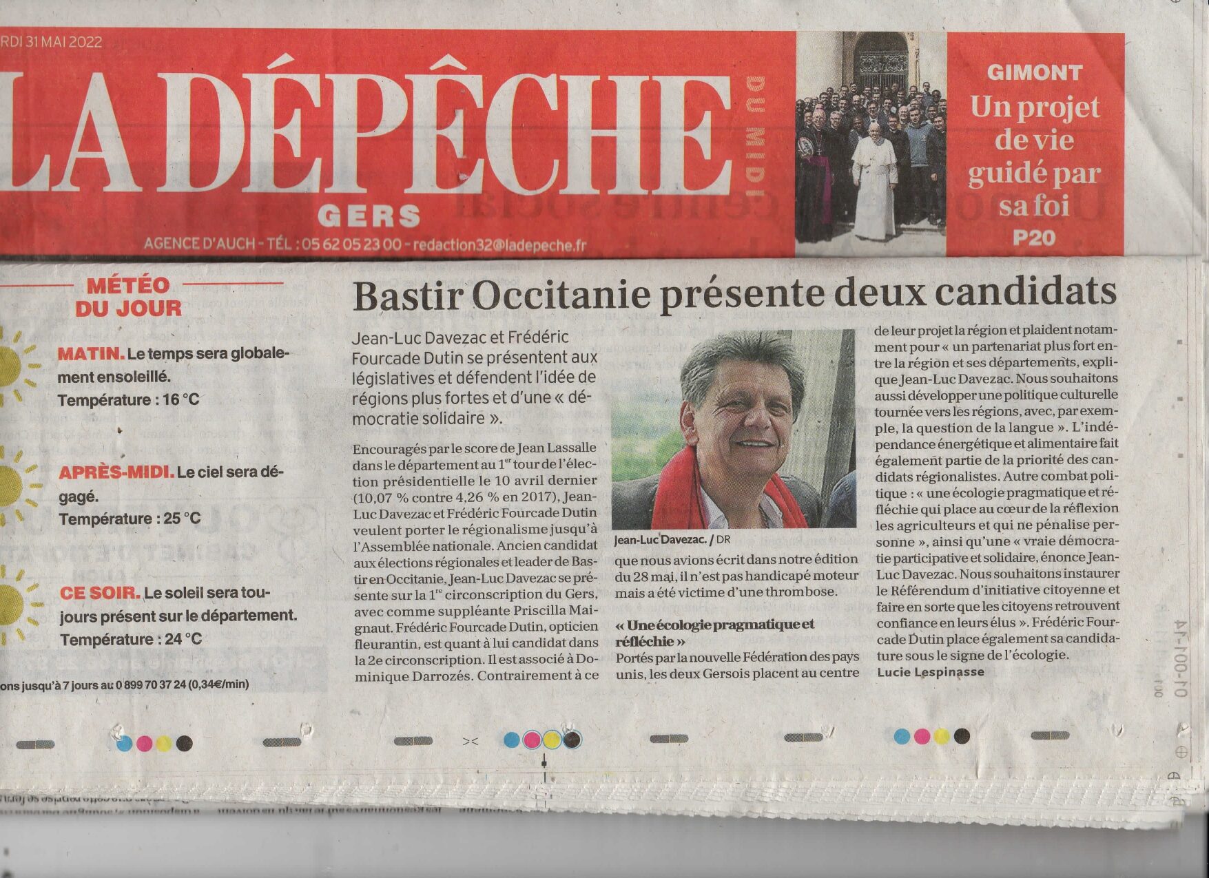Article de la Dépêche pour Jean-Luc Davezac candidat aux législatives Auch (32) 1ère Circonscription.
