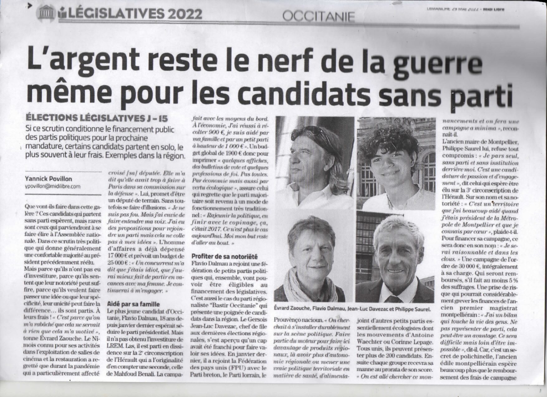 Article du Midi Libre au sujet des élections législatives de 2022 – Témoignage de Jean-Luc Davezac
