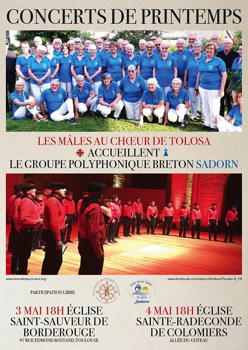 les Mâles au Chœur de Tolosa accueilleront le groupe polyphonique Breton Sadorn pour 2 concerts.