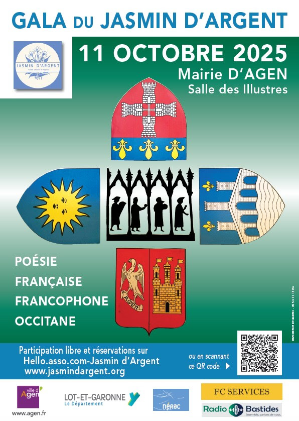 Ami(e) de la poésie, ami(e) du Jasmin d'Argent, notre prochain rendez-vous :  GALA DU JASMIN d'ARGENT - 11 octobre 2025 à 14h30
