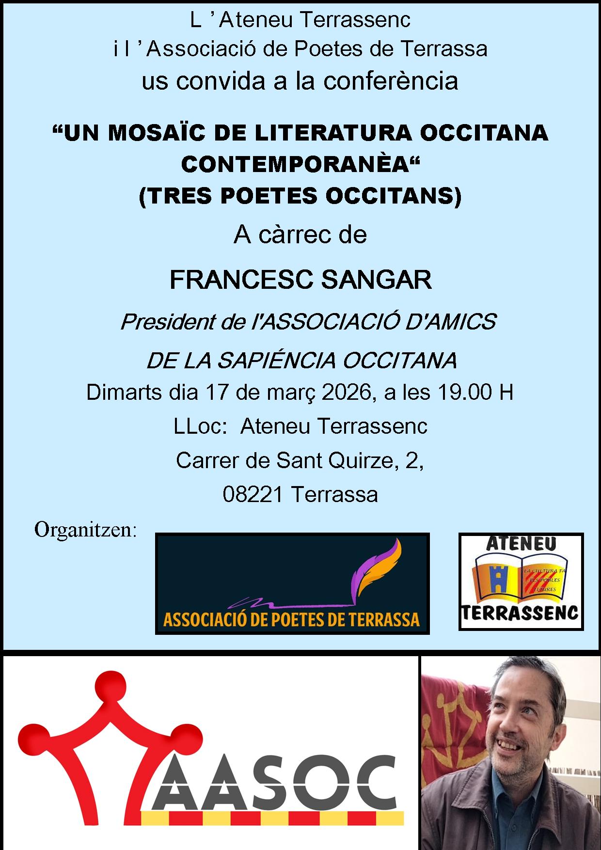 CONFERÈNCIA A TERRASSA “UN MOSAÏC DE LITERATURA OCCITANA CONTEMPORANÈA. TRES POETAS OCCITANS”.