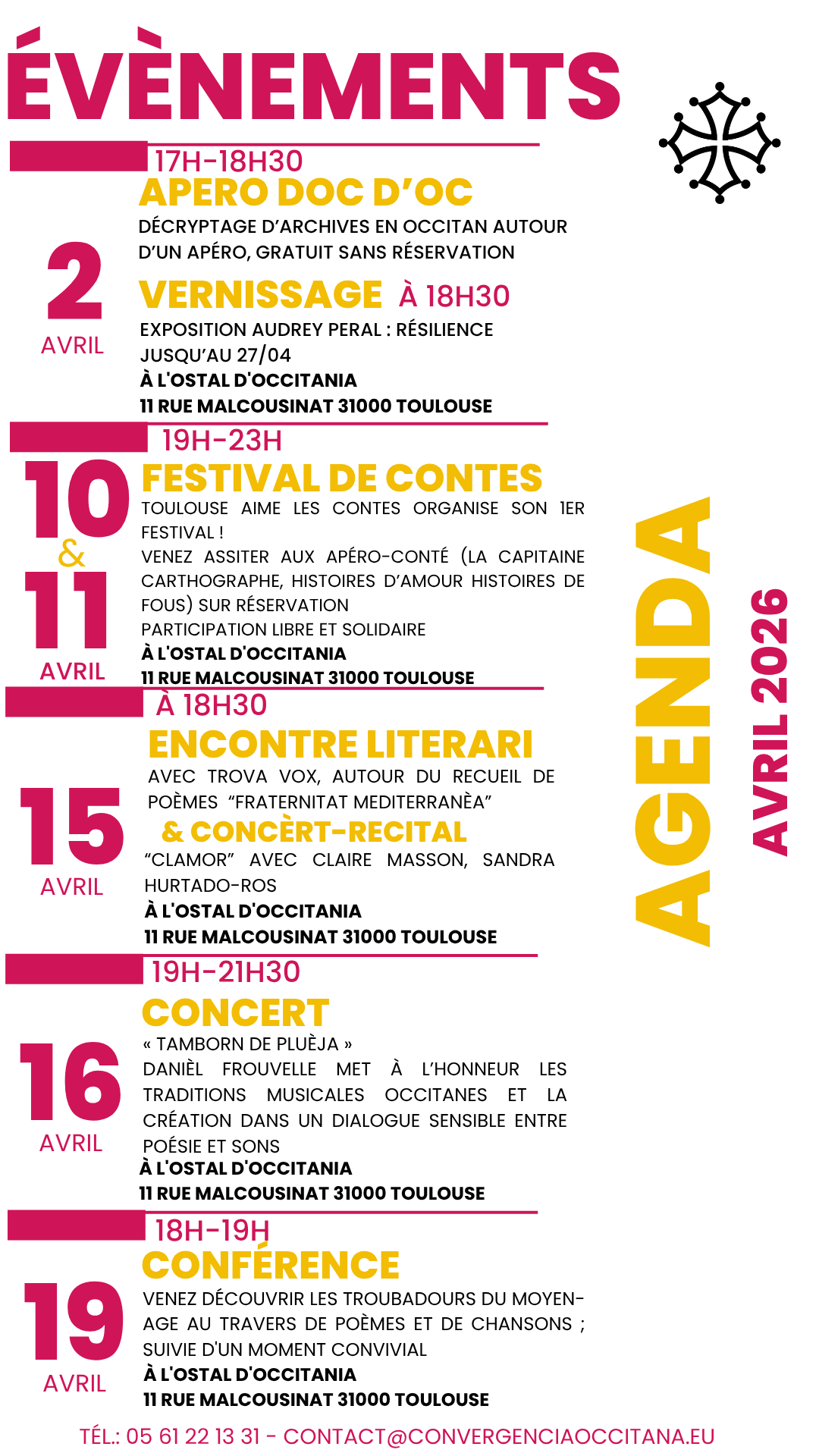 (31) Agenda du mois d'Avril à l'Ostal d'Occitania Toulouse